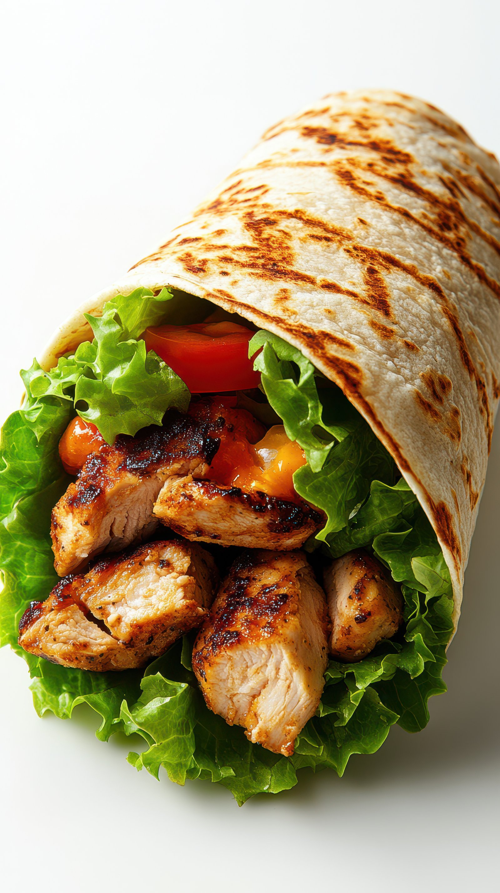 Grilled chicken wrap filled with fresh vegetables and crisp lettuce prepared with care